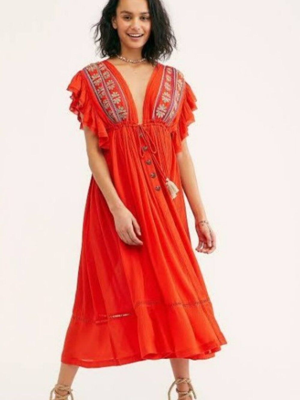 Free People Will Wait For You Bali Embroidered Midi Dress Red Orange Boho XS
